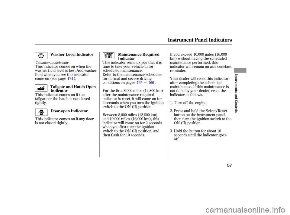 HONDA ELEMENT 2006 1.G Owners Manual µ
Canadian models onlyThis indicator reminds you that it is
time to take your vehicle in for
scheduled maintenance.
This indicator comes on if any door
is not closed tightly. This indicator comes on