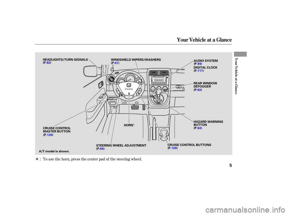 HONDA ELEMENT 2006 1.G Owners Manual Î
Î
To use the horn, press the center pad of the steering wheel.
:
Your Vehicle at a Glance
Your Vehicle at a Glance
5
HEADLIGHTS/TURN SIGNALS
REAR WINDOW
DEFOGGER
A/T model is shown. HORN
HAZARD 