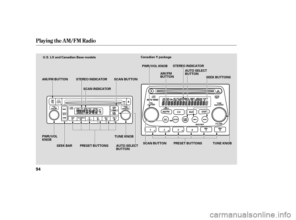 HONDA ELEMENT 2006 1.G Owners Manual Playing the AM/FM Radio
94
AM/FM BUTTON STEREO INDICATORSCAN INDICATORSCAN BUTTON
SEEK BAR
PWR/VOL
KNOB
AUTO SELECT
BUTTON
PRESET BUTTONS PWR/VOL KNOB
SEEK BUTTONS
TUNE KNOB SCAN BUTTON PRESET BUTTONS