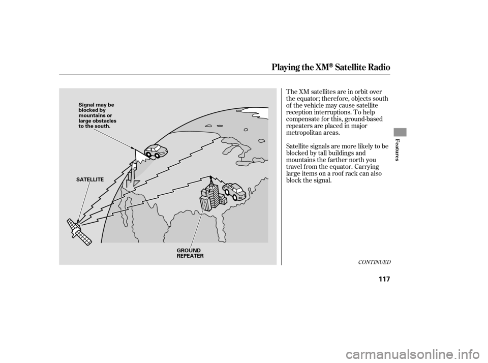 HONDA ELEMENT 2007 1.G Owners Manual The XM satellites are in orbit over
the equator; therefore, objects south
of the vehicle may cause satellite
reception interruptions. To help
compensate f or this, ground-based
repeaters are placed in