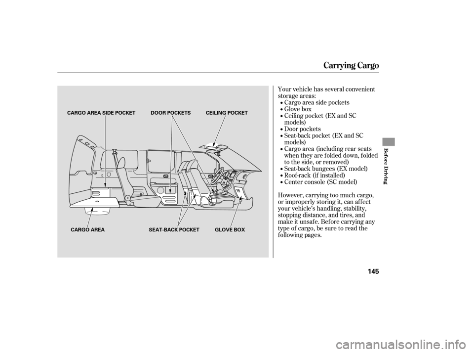 HONDA ELEMENT 2007 1.G Owners Manual Your vehicle has several convenient
storage areas:Cargo area side pockets
Glove box
Door pockets
Cargo area (including rear seats
when they are f olded down, f olded
to the side, or removed) Ceiling p