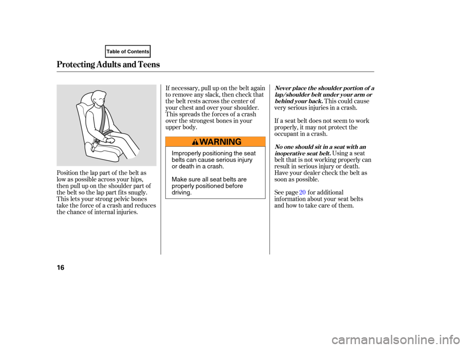 HONDA ELEMENT 2007 1.G User Guide Position the lap part  of the  belt  as
low  as possible  across your hips,
then  pull up on  the  shoulder  part  of
the  belt  so the  lap part  fits  snugly.
This  lets your  strong  pelvic bones
t