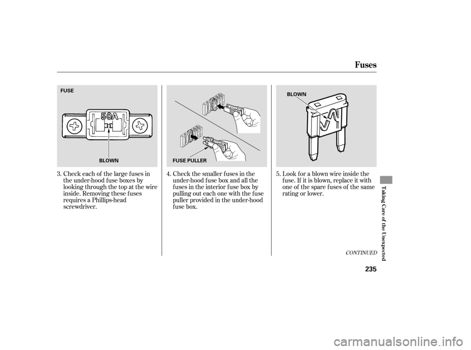 HONDA ELEMENT 2007 1.G Owners Manual Check the smaller f uses in the
under-hood f use box and all the
fuses in the interior fuse box by
pulling out each one with the f use
puller provided in the under-hood
fuse box.Look f or a blown wire