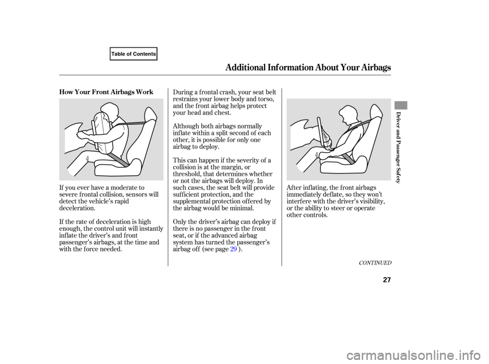 HONDA ELEMENT 2007 1.G Owners Manual After inflating, the front airbags
immediately deflate, so they won’t
interfere with the driver’s visibility,
or the ability to steer or operate
other controls.
Although
both airbags HONDA ELEMENT 2007 1.G Owners Manual After inflating, the front airbags
immediately deflate, so they won’t
interfere with the driver’s visibility,
or the ability to steer or operate
other controls.
Although
both airbags