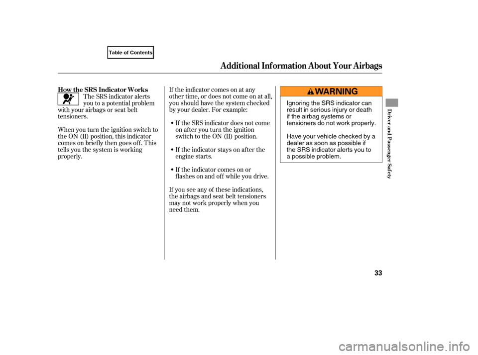 HONDA ELEMENT 2007 1.G Owners Manual If the indicator comes on at any
other time, or does not come on at all,
you should have the system checked
by your dealer. For example:If the SRS indicator does not come
on after you turn the ignitio