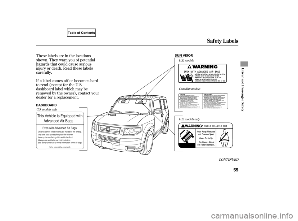 HONDA ELEMENT 2007 1.G Owners Manual These labels are in the locations
shown. They warn you of potential
hazards that could cause serious
injury or death. Read these labels
caref ully.
If a label comes of f or becomes hard
to read (excep