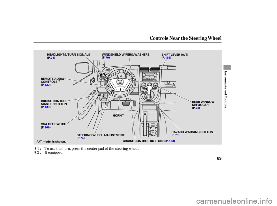 HONDA ELEMENT 2007 1.G Owners Manual Î
Î
Î
Î
To 
use  the horn,  press  the center  pad of the  steering  wheel.
1:
2  :  If equipped
Controls  Near the Steering  Wheel
Instru me ntsand Cont ro ls
69
HEADLIGHTS/TURN  SIGNALS 
SHI