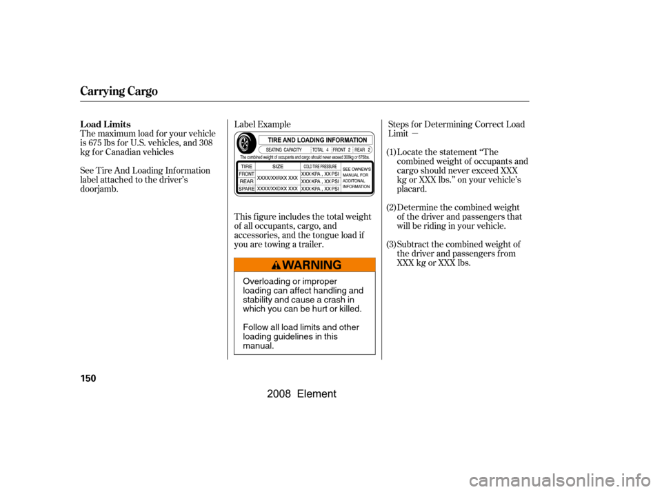 HONDA ELEMENT 2008 1.G Owners Manual µ
The maximum load f or your vehicle 
is 675 lbs f or U.S. vehicles, and 308
kg f or Canadian vehicles 
See Tire And Loading Inf ormation 
label attached to the driver’s
doorjamb. Locate the state