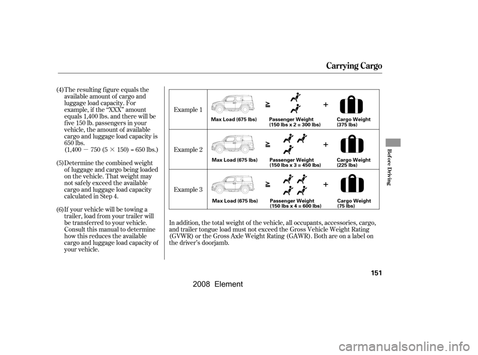 HONDA ELEMENT 2008 1.G Owners Manual µ·
The resulting f igure equals the 
available amount of cargo and 
luggage load capacity. For
example, if the ‘‘XXX’’ amount
equals 1,400 lbs. and there will be
f ive 150 lb. passengers i