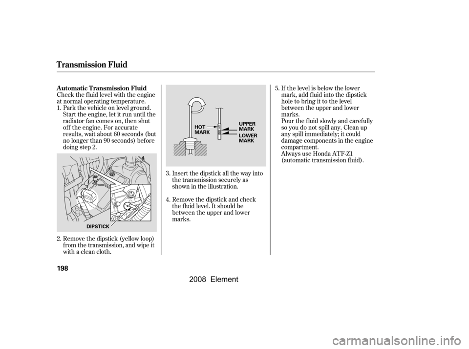 HONDA ELEMENT 2008 1.G Workshop Manual Check the f luid level with the engine 
at normal operating temperature.Remove the dipstick (yellow loop) 
f rom the transmission, and wipe it
with a clean cloth. 
Park the vehicle on level ground. 
S