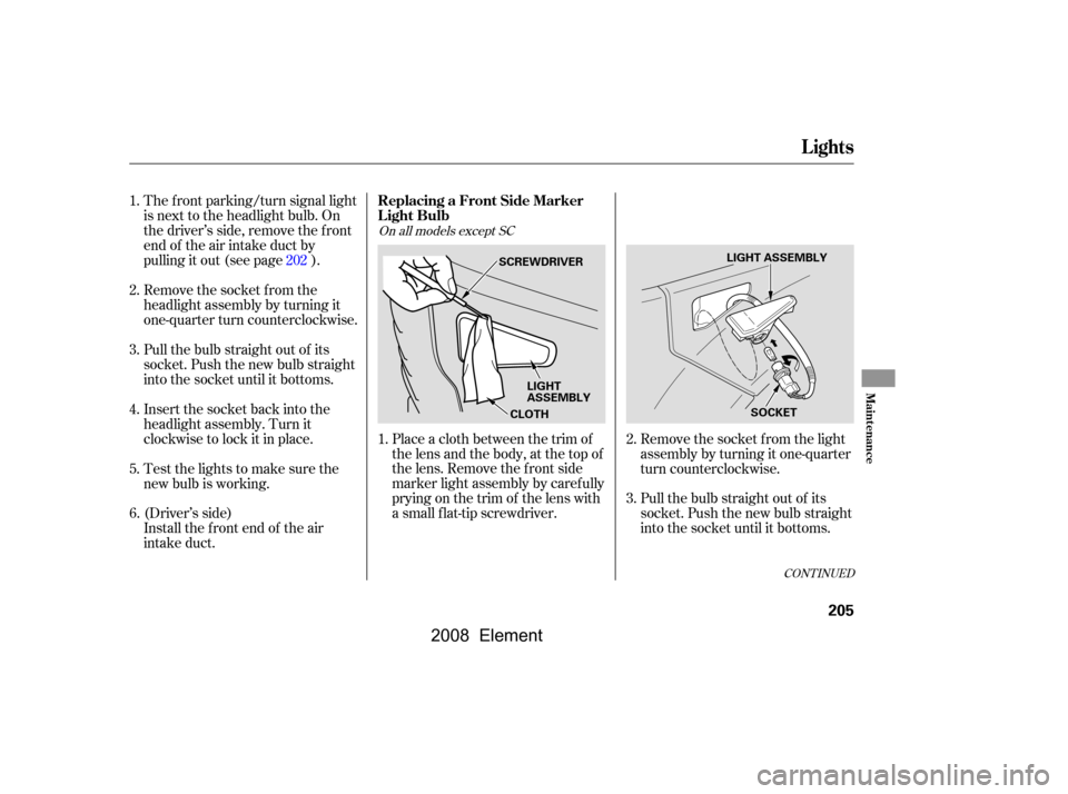 HONDA ELEMENT 2008 1.G User Guide Remove the socket f rom the light 
assembly by turning it one-quarter
turn counterclockwise. 
Pull the bulb straight out of its 
socket. Push the new bulb straight
into the socket until it bottoms.
Pl
