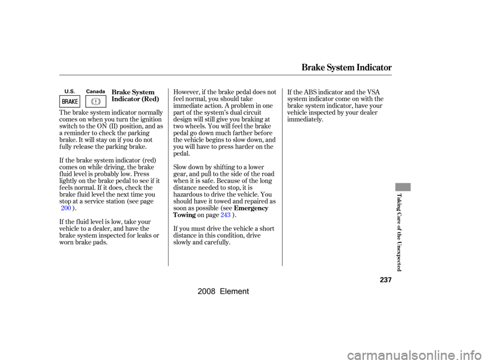 HONDA ELEMENT 2008 1.G Owners Manual However, if the brake pedal does not 
f eel normal, you should take
immediate action. A problem in one 
part of the system’s dual circuit 
design will still give you braking at
two wheels. You will 