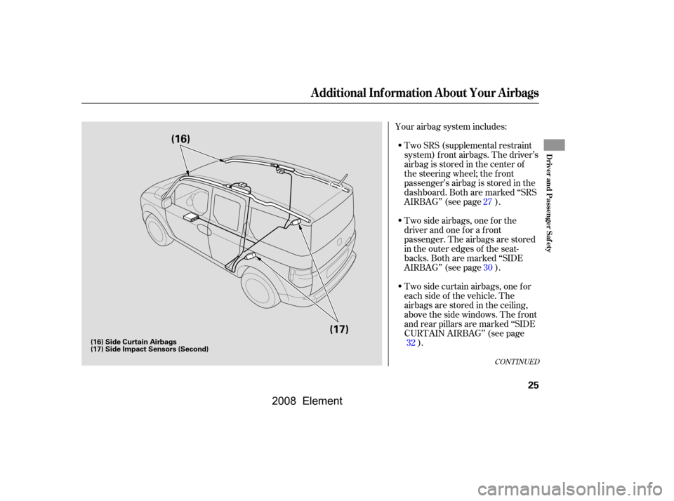 HONDA ELEMENT 2008 1.G Owners Manual Your airbag system includes:Two SRS (supplemental restraint 
system) f ront airbags. The driver’s 
airbag is stored in the center of
the steering wheel; the f ront
passenger’sairbagisstoredinthe
d