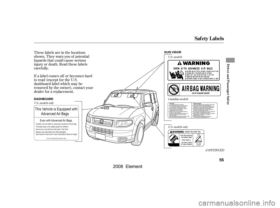 HONDA ELEMENT 2008 1.G Owners Manual These labels are in the locations 
shown. They warn you of potential
hazards that could cause serious 
injury or death. Read these labels 
caref ully. 
If a label comes of f or becomes hard 
to read (