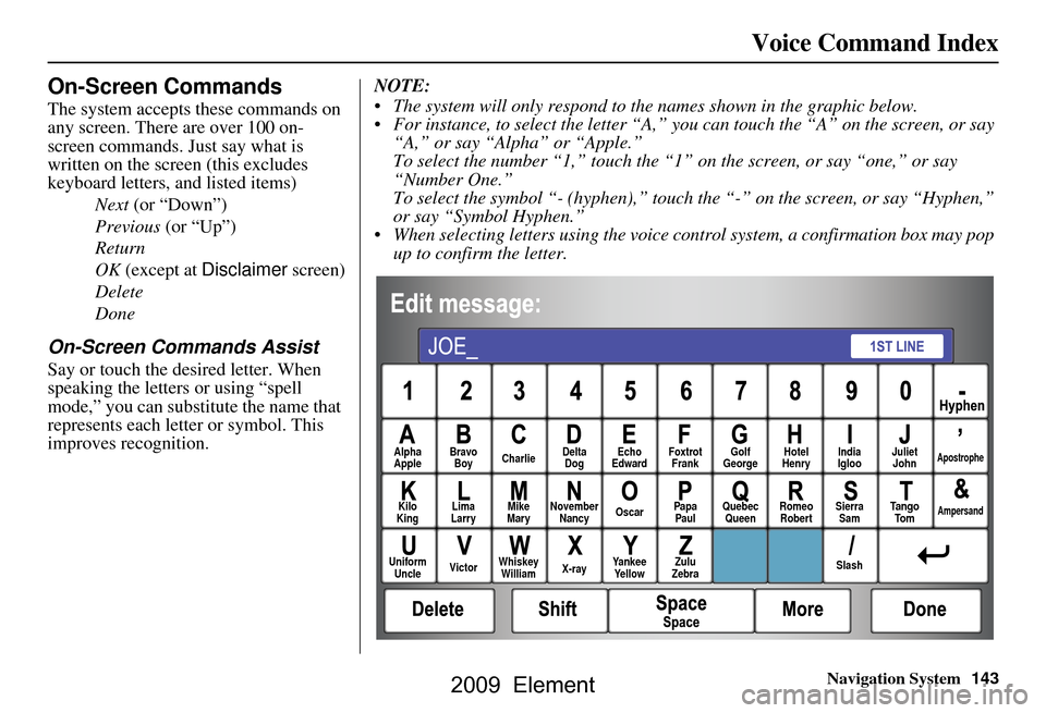 HONDA ELEMENT 2009 1.G Navigation Manual Navigation System143
Voice Command Index
On-Screen Commands
The system accepts these commands on 
any screen. There are over 100 on- 
screen commands. Just say what is 
written on the screen (this exc