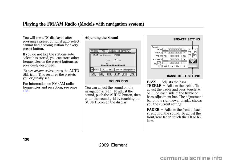HONDA ELEMENT 2009 1.G Owners Manual You will see a‘‘0’’ displayed after
pressing a preset button if auto select
cannot find a strong station for every
preset button.
If you do not like the stations auto
select has stored, you HONDA ELEMENT 2009 1.G Owners Manual You will see a‘‘0’’ displayed after
pressing a preset button if auto select
cannot find a strong station for every
preset button.
If you do not like the stations auto
select has stored, you