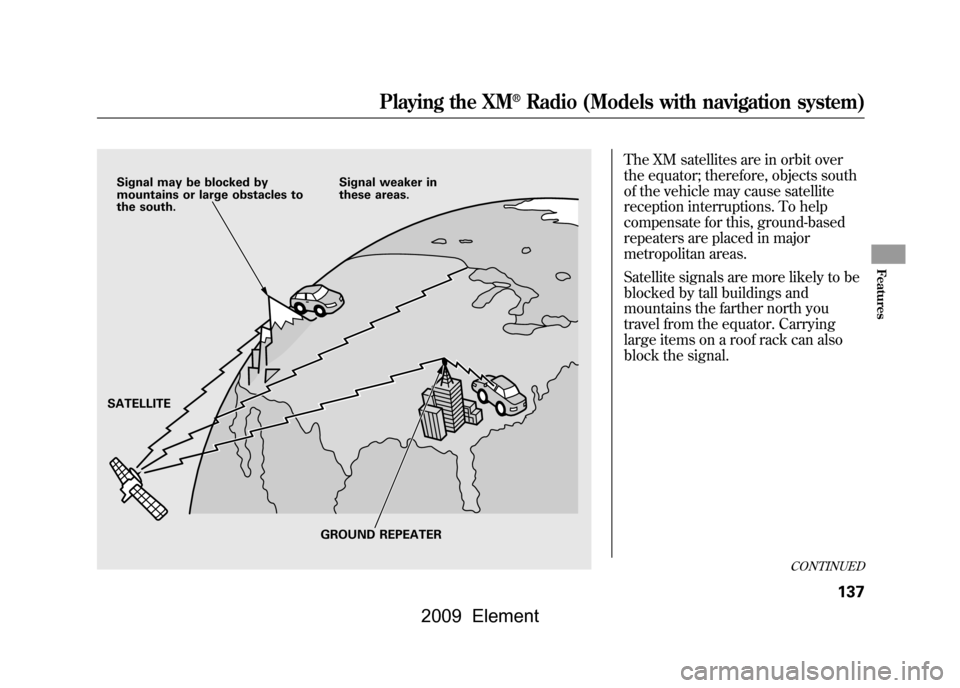 HONDA ELEMENT 2009 1.G Owners Manual The XM satellites are in orbit over 
the equator; therefore, objects south
of the vehicle may cause satellite
reception interruptions. To help 
compensate for this, ground-based 
repeaters are placed 