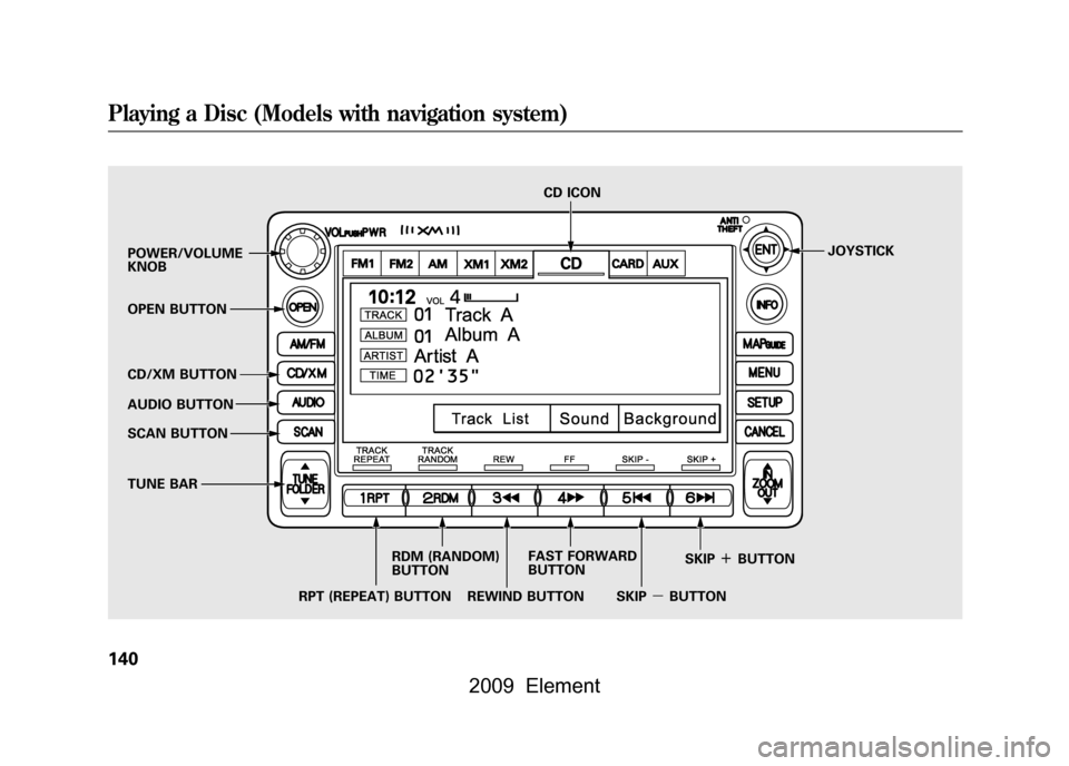 HONDA ELEMENT 2009 1.G Owners Guide POWER/VOLUME
KNOBJOYSTICK
RPT (REPEAT) BUTTON CD ICON
RDM (RANDOM)
BUTTON
OPEN BUTTON
CD/XM BUTTON
AUDIO BUTTON
SCAN BUTTON
TUNE BAR
REWIND BUTTONFAST FORWARD
BUTTON
SKIPꭚBUTTONSKIP
ꬽBUTTON
HONDA ELEMENT 2009 1.G Owners Guide POWER/VOLUME
KNOBJOYSTICK
RPT (REPEAT) BUTTON CD ICON
RDM (RANDOM)
BUTTON
OPEN BUTTON
CD/XM BUTTON
AUDIO BUTTON
SCAN BUTTON
TUNE BAR
REWIND BUTTONFAST FORWARD
BUTTON
SKIPꭚBUTTONSKIP
ꬽBUTTON