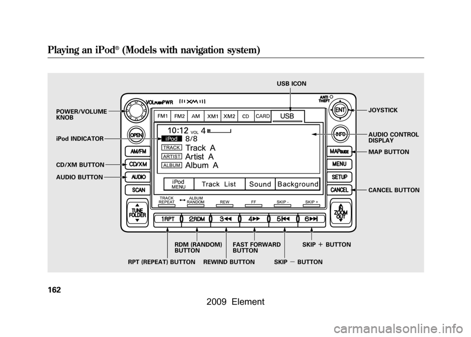 HONDA ELEMENT 2009 1.G Service Manual POWER/VOLUME
KNOBJOYSTICK
AUDIO CONTROL
DISPLAY
CD/XM BUTTON
AUDIO BUTTON
iPod INDICATOR USB ICON
RPT (REPEAT) BUTTON RDM (RANDOM)
BUTTON
FAST FORWARD
BUTTON
REWIND BUTTON SKIP
ꬽBUTTON
SKIP HONDA ELEMENT 2009 1.G Service Manual POWER/VOLUME
KNOBJOYSTICK
AUDIO CONTROL
DISPLAY
CD/XM BUTTON
AUDIO BUTTON
iPod INDICATOR USB ICON
RPT (REPEAT) BUTTON RDM (RANDOM)
BUTTON
FAST FORWARD
BUTTON
REWIND BUTTON SKIP
ꬽBUTTON
SKIP