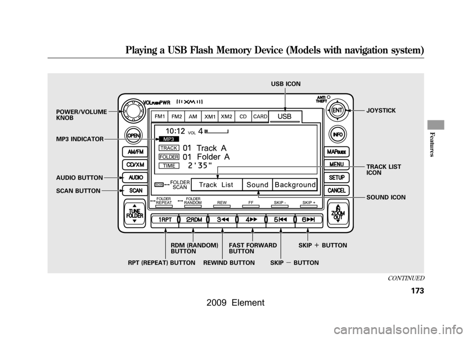 HONDA ELEMENT 2009 1.G Manual PDF POWER/VOLUME
KNOBJOYSTICK
SCAN BUTTON
AUDIO BUTTON
MP3 INDICATOR USB ICON
RPT (REPEAT) BUTTON RDM (RANDOM)
BUTTON
FAST FORWARD
BUTTON
REWIND BUTTON SKIP
ꬽBUTTON
SKIP ꭚBUTTON SOUND ICON
TRACK HONDA ELEMENT 2009 1.G Manual PDF POWER/VOLUME
KNOBJOYSTICK
SCAN BUTTON
AUDIO BUTTON
MP3 INDICATOR USB ICON
RPT (REPEAT) BUTTON RDM (RANDOM)
BUTTON
FAST FORWARD
BUTTON
REWIND BUTTON SKIP
ꬽBUTTON
SKIP ꭚBUTTON SOUND ICON
TRACK