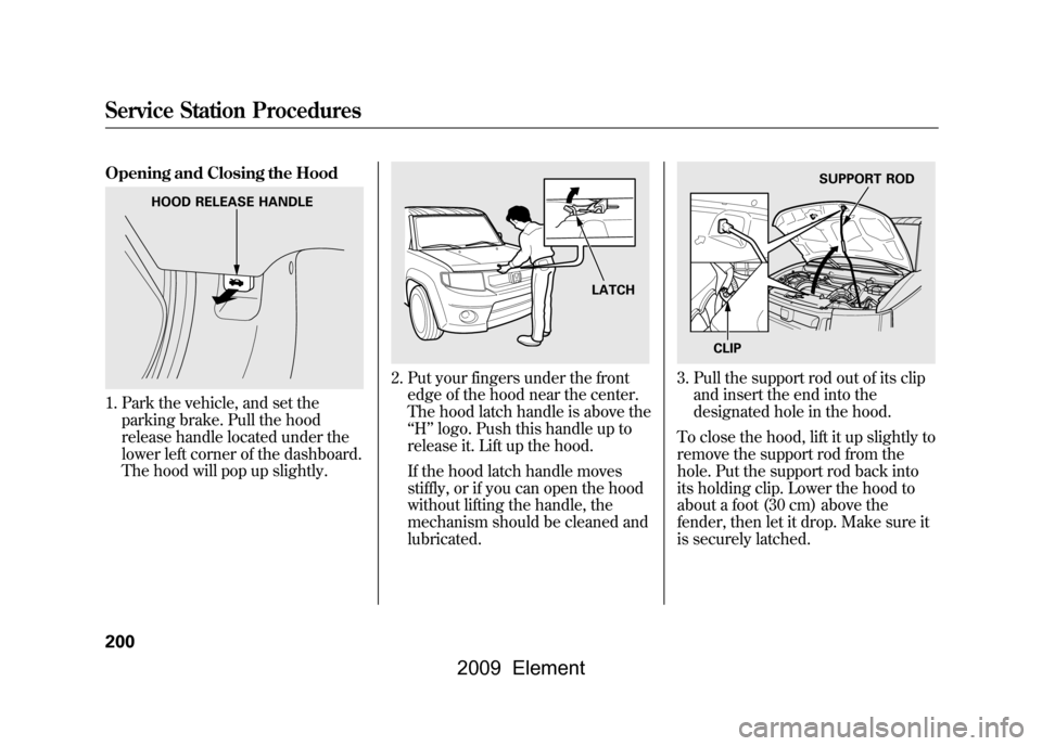 HONDA ELEMENT 2009 1.G Owners Manual Opening and Closing the Hood1. Park the vehicle, and set theparking brake. Pull the hood 
release handle located under the 
lower left corner of the dashboard.
The hood will pop up slightly.
2. Put yo