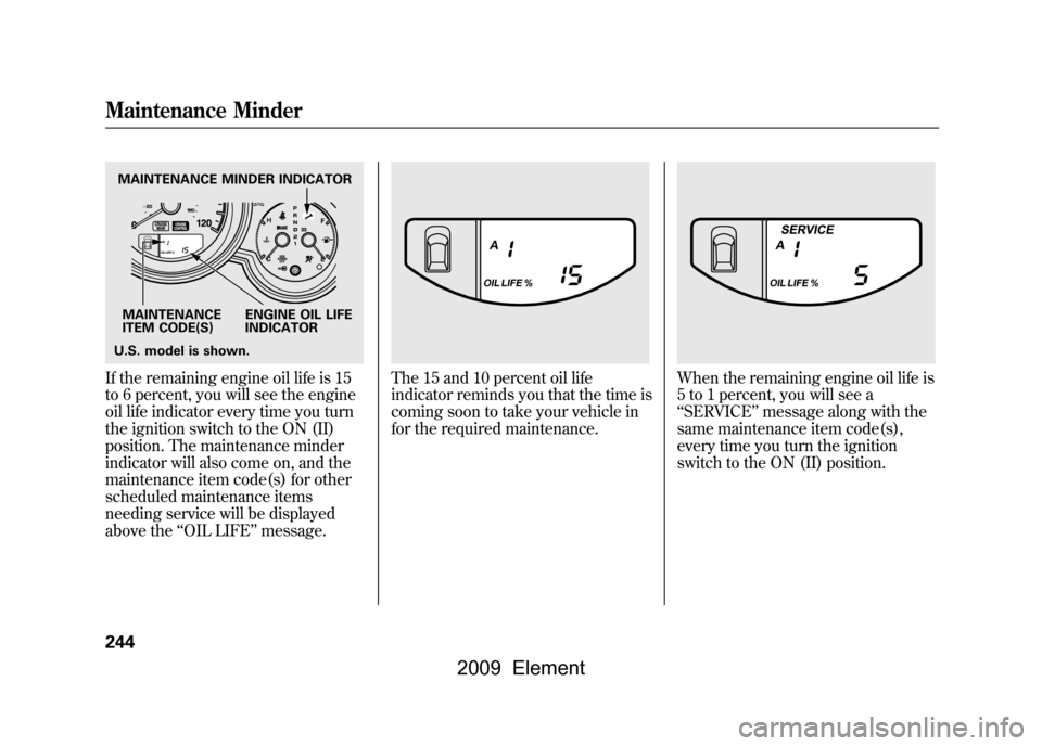 HONDA ELEMENT 2009 1.G User Guide If the remaining engine oil life is 15
to 6 percent, you will see the engine
oil life indicator every time you turn
the ignition switch to the ON (II)
position. The maintenance minder
indicator will HONDA ELEMENT 2009 1.G User Guide If the remaining engine oil life is 15
to 6 percent, you will see the engine
oil life indicator every time you turn
the ignition switch to the ON (II)
position. The maintenance minder
indicator will