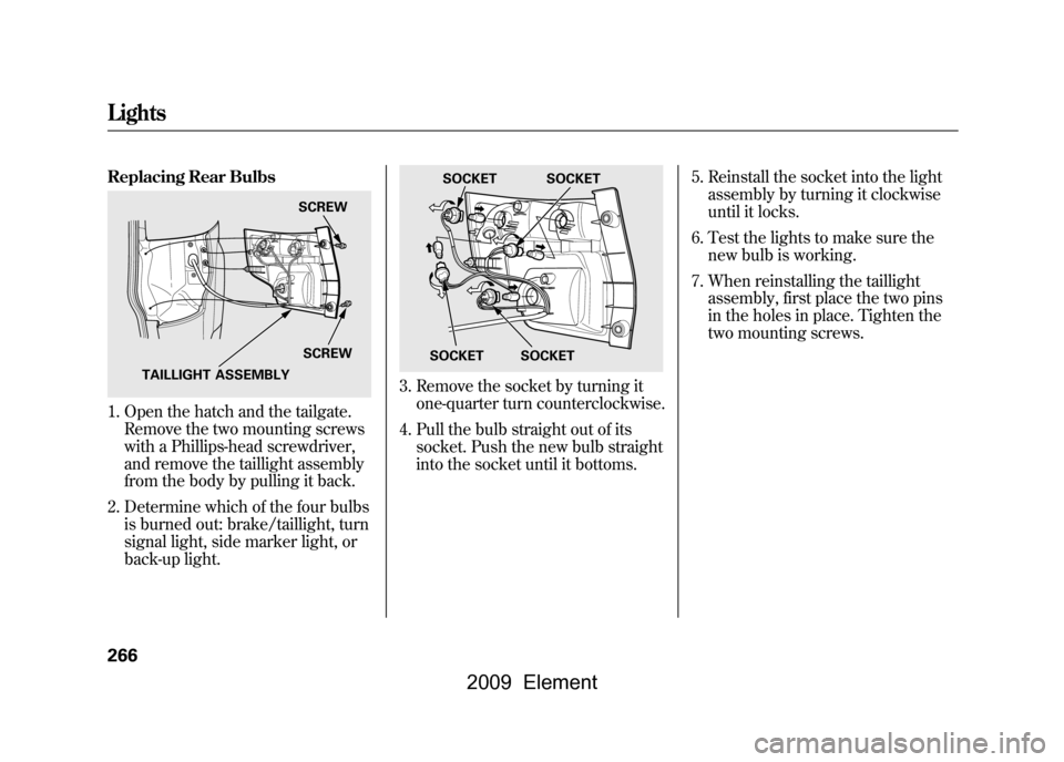 HONDA ELEMENT 2009 1.G Owners Manual Replacing Rear Bulbs1. Open the hatch and the tailgate.Remove the two mounting screws 
with a Phillips-head screwdriver, 
and remove the taillight assembly
from the body by pulling it back.
2. Determi