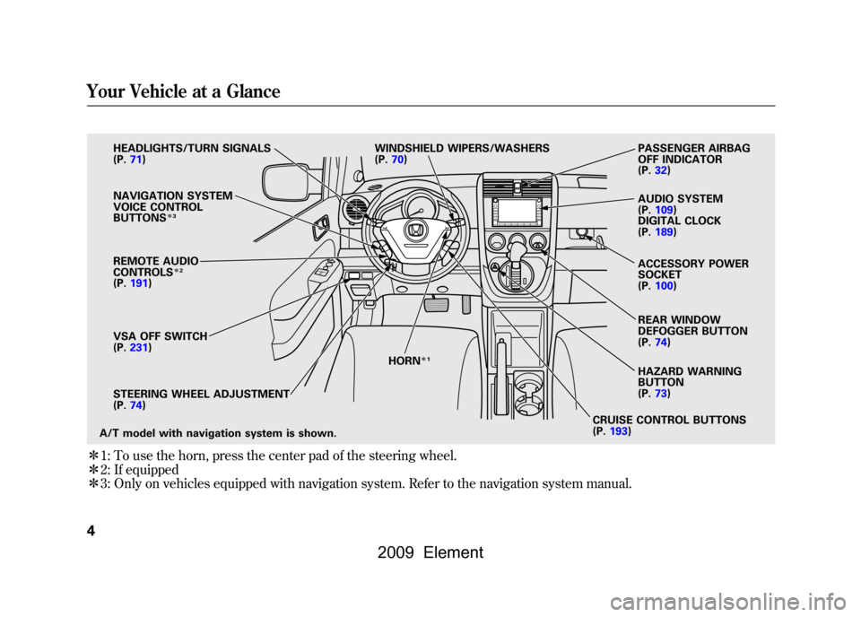 HONDA ELEMENT 2009 1.G Owners Manual ꭧ1: To use the horn, press the center pad of the steering wheel.
ꭧ 2: If equipped
ꭧ 3: Only on vehicles equipped with navigation system. Refer to the navigation system manual.
HEADLIGHTS/TURN SI