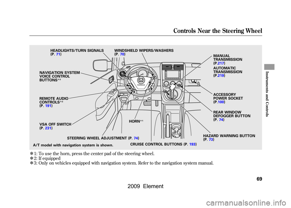 HONDA ELEMENT 2009 1.G Owners Manual ꭧ1: To use the horn, press the center pad of the steering wheel.
ꭧ 2: If equipped
ꭧ 3: Only on vehicles equipped with navigation system. Refer to the navigation system manual.
HAZARD WARNING BUT