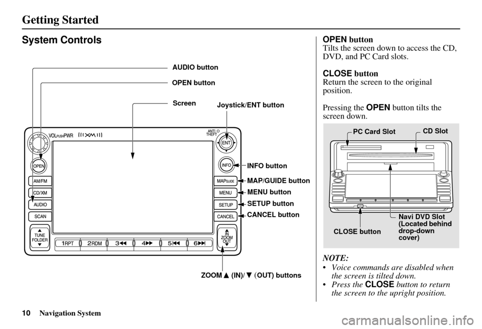 HONDA ELEMENT 2010 1.G Navigation Manual 10Navigation System
Getting Started
System ControlsOPEN button
Tilts the screen down to access the CD,
DVD, and PC Card slots.
CLOSE button
Return the screen to the original
position.
Pressing the HONDA ELEMENT 2010 1.G Navigation Manual 10Navigation System
Getting Started
System ControlsOPEN button
Tilts the screen down to access the CD,
DVD, and PC Card slots.
CLOSE button
Return the screen to the original
position.
Pressing the