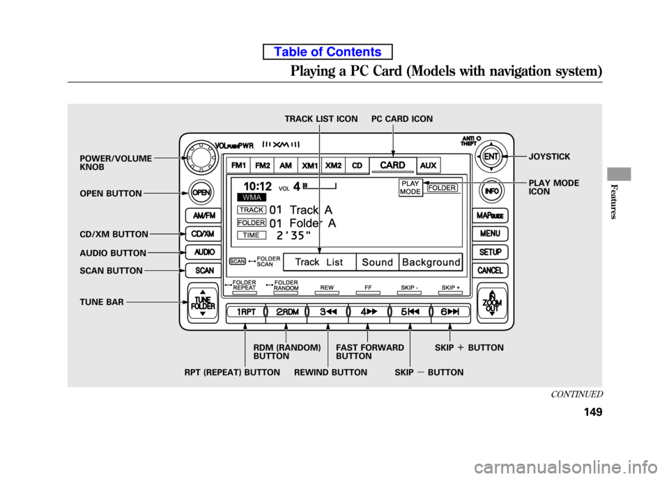 HONDA ELEMENT 2010 1.G Service Manual POWER/VOLUME KNOBJOYSTICK
PLAY MODE ICON
OPEN BUTTON
CD/XM BUTTON
AUDIO BUTTON
SCAN BUTTON
TUNE BAR TRACK LIST ICON PC CARD ICON
RPT (REPEAT) BUTTON RDM (RANDOM) BUTTON
FAST FORWARDBUTTON
REWIND HONDA ELEMENT 2010 1.G Service Manual POWER/VOLUME KNOBJOYSTICK
PLAY MODE ICON
OPEN BUTTON
CD/XM BUTTON
AUDIO BUTTON
SCAN BUTTON
TUNE BAR TRACK LIST ICON PC CARD ICON
RPT (REPEAT) BUTTON RDM (RANDOM) BUTTON
FAST FORWARDBUTTON
REWIND
