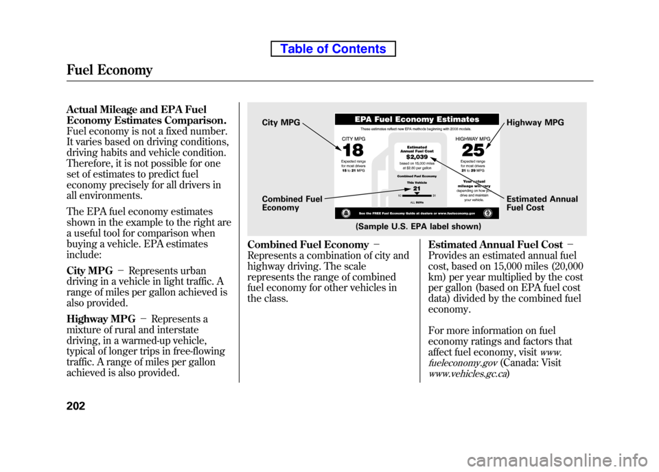 HONDA ELEMENT 2010 1.G Service Manual Actual Mileage and EPA Fuel
Economy Estimates Comparison.
Fuel economy is not a fixed number.
It varies based on driving conditions,
driving habits and vehicle condition.
Therefore, it is not possi HONDA ELEMENT 2010 1.G Service Manual Actual Mileage and EPA Fuel
Economy Estimates Comparison.
Fuel economy is not a fixed number.
It varies based on driving conditions,
driving habits and vehicle condition.
Therefore, it is not possi