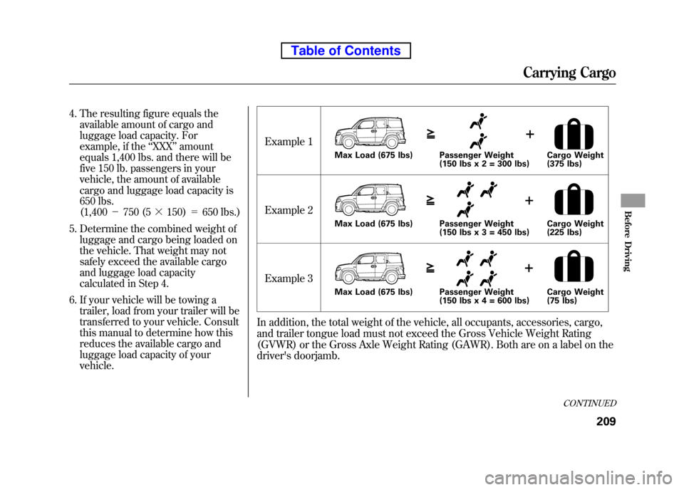 HONDA ELEMENT 2010 1.G Owners Manual 4. The resulting figure equals theavailable amount of cargo and 
luggage load capacity. For 
example, if the ‘‘XXX ’’amount
equals 1,400 lbs. and there will be
five 150 lb. passengers in your

