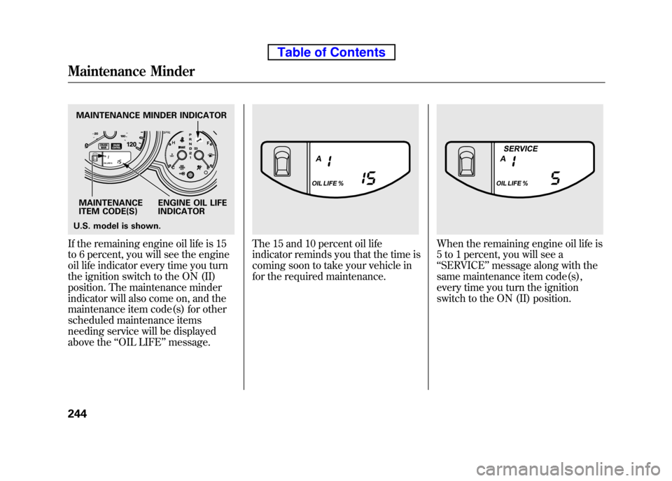 HONDA ELEMENT 2010 1.G User Guide If the remaining engine oil life is 15
to 6 percent, you will see the engine
oil life indicator every time you turn
the ignition switch to the ON (II)
position. The maintenance minder
indicator will HONDA ELEMENT 2010 1.G User Guide If the remaining engine oil life is 15
to 6 percent, you will see the engine
oil life indicator every time you turn
the ignition switch to the ON (II)
position. The maintenance minder
indicator will