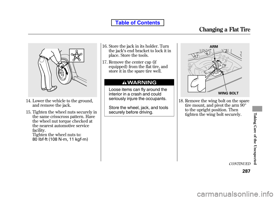 HONDA ELEMENT 2010 1.G Owners Manual 14. Lower the vehicle to the ground,and remove the jack.
15. Tighten the wheel nuts securely in the same crisscross pattern. Have 
the wheel nut torque checked at 
the nearest automotive servicefacili