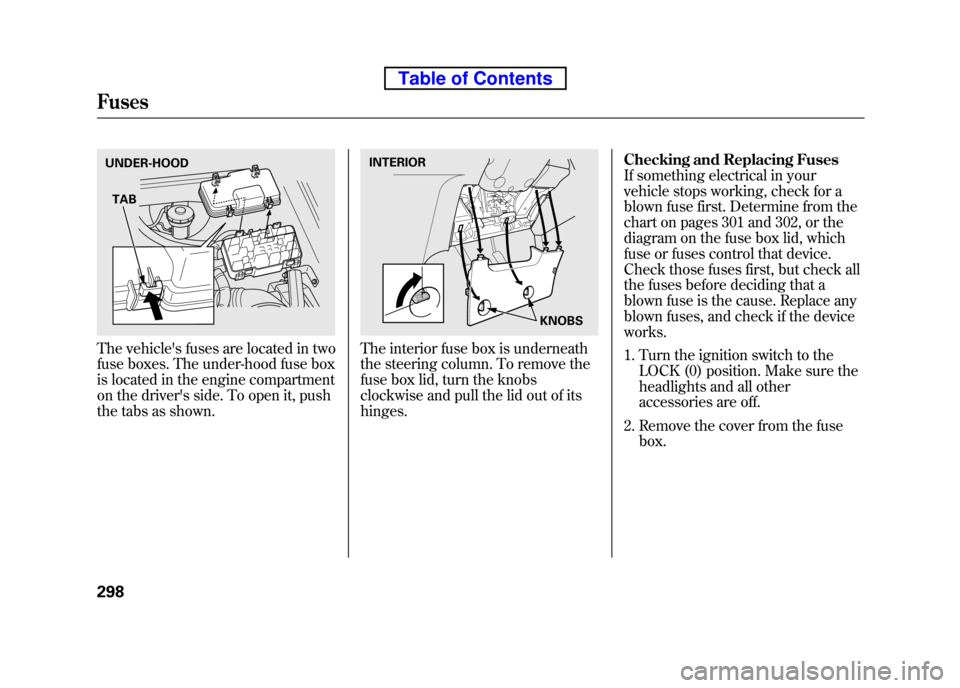 HONDA ELEMENT 2010 1.G Owners Manual The vehicles fuses are located in two 
fuse boxes. The under-hood fuse box
is located in the engine compartment
on the drivers side. To open it, push
the tabs as shown.The interior fuse box is under