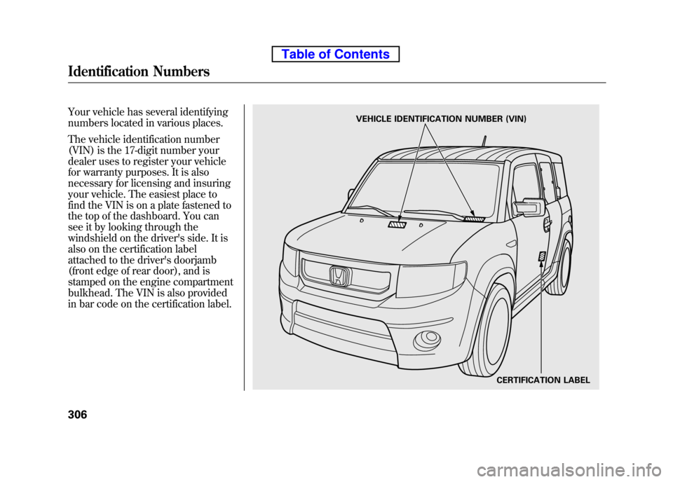 HONDA ELEMENT 2010 1.G User Guide Your vehicle has several identifying
numbers located in various places.
The vehicle identification number
(VIN) is the 17-digit number your
dealer uses to register your vehicle
for warranty purpos HONDA ELEMENT 2010 1.G User Guide Your vehicle has several identifying
numbers located in various places.
The vehicle identification number
(VIN) is the 17-digit number your
dealer uses to register your vehicle
for warranty purpos