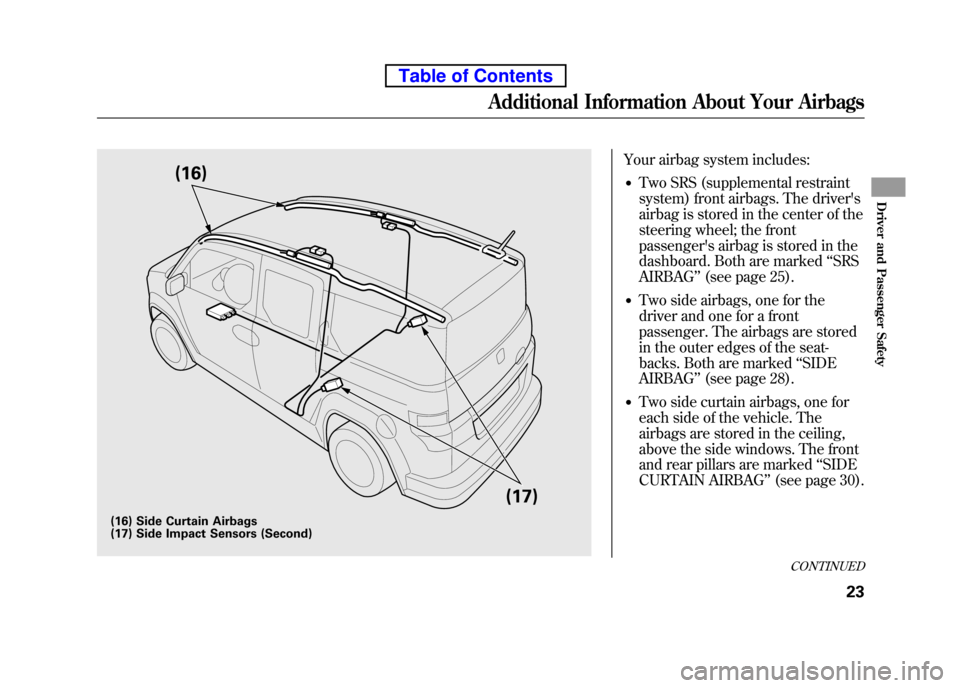 HONDA ELEMENT 2010 1.G Owners Manual Your airbag system includes:● Two SRS (supplemental restraint
system) front airbags. The drivers
airbag is stored in the center of the
steering wheel; the front
passengers airbag is stored in t HONDA ELEMENT 2010 1.G Owners Manual Your airbag system includes:● Two SRS (supplemental restraint
system) front airbags. The drivers
airbag is stored in the center of the
steering wheel; the front
passengers airbag is stored in t