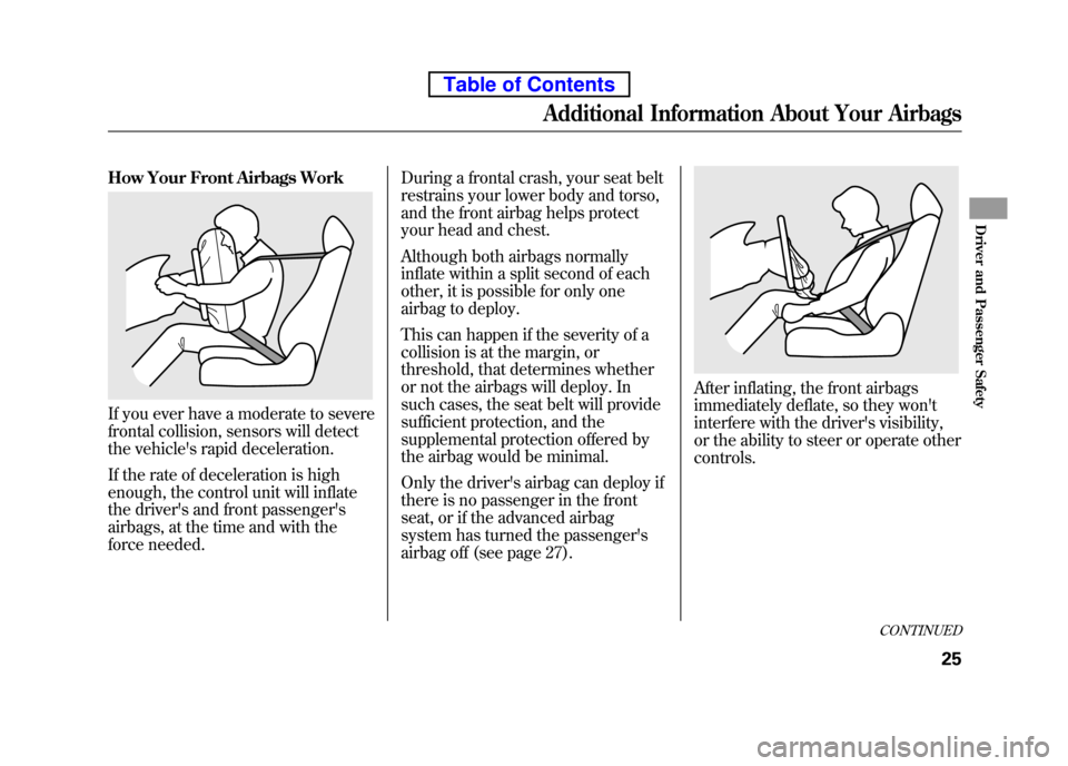 HONDA ELEMENT 2010 1.G Owners Manual How Your Front Airbags Work
If you ever have a moderate to severe
frontal collision, sensors will detect
the vehicles rapid deceleration.
If the rate of deceleration is high
enough, the control u HONDA ELEMENT 2010 1.G Owners Manual How Your Front Airbags Work
If you ever have a moderate to severe
frontal collision, sensors will detect
the vehicles rapid deceleration.
If the rate of deceleration is high
enough, the control u
