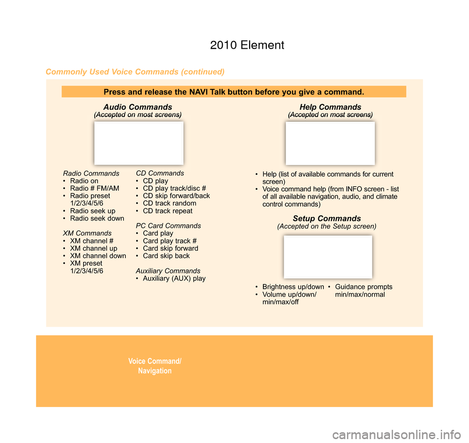 HONDA ELEMENT 2010 1.G Technology Reference Guide • Brightness up/down • Volume up/down/min/max/off
• Guidance promptsmin/max/normal
Setup Commands(Accepted on the Setup screen)
Help Commands(Accepted on most screens)
• Help (list of availabl