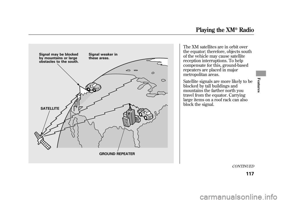 HONDA ELEMENT 2011 1.G Owners Manual The XM satellites are in orbit over
the equator; therefore, objects south
of the vehicle may cause satellite
reception interruptions. To help
compensate for this, ground-based
repeaters are placed in 