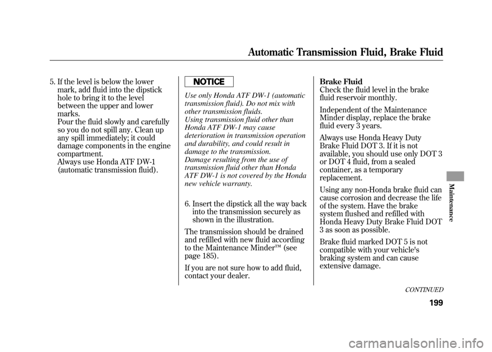 HONDA ELEMENT 2011 1.G Owners Manual 5. If the level is below the lowermark, add fluid into the dipstick
hole to bring it to the level
between the upper and lower
marks.
Pour the fluid slowly and carefully
so you do not spill any. Clean HONDA ELEMENT 2011 1.G Owners Manual 5. If the level is below the lowermark, add fluid into the dipstick
hole to bring it to the level
between the upper and lower
marks.
Pour the fluid slowly and carefully
so you do not spill any. Clean