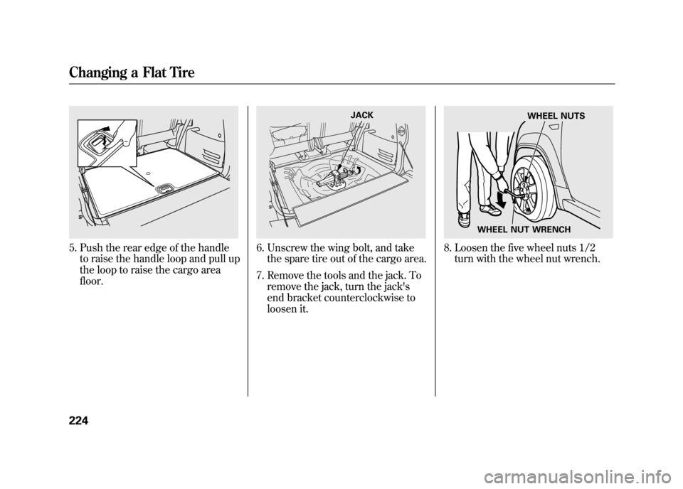 HONDA ELEMENT 2011 1.G Owners Manual 5. Push the rear edge of the handleto raise the handle loop and pull up
the loop to raise the cargo area
floor.
6. Unscrew the wing bolt, and takethe spare tire out of the cargo area.
7. Remove the to