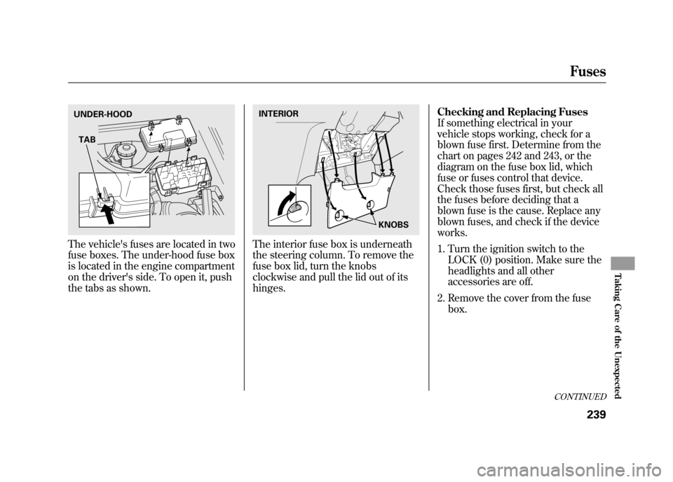 HONDA ELEMENT 2011 1.G Owners Manual The vehicles fuses are located in two
fuse boxes. The under-hood fuse box
is located in the engine compartment
on the drivers side. To open it, push
the tabs as shown.
The interior fuse box is under HONDA ELEMENT 2011 1.G Owners Manual The vehicles fuses are located in two
fuse boxes. The under-hood fuse box
is located in the engine compartment
on the drivers side. To open it, push
the tabs as shown.
The interior fuse box is under