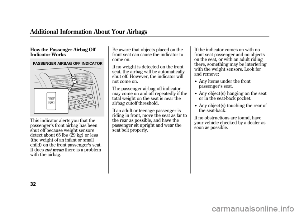 HONDA ELEMENT 2011 1.G Owners Guide How the Passenger Airbag Off
Indicator WorksThis indicator alerts you that the
passengers front airbag has been
shut off because weight sensors
detect about 65 lbs (29 kg) or less
(the weight of an i