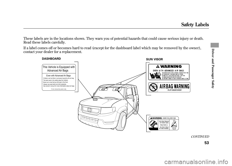 HONDA ELEMENT 2011 1.G Workshop Manual These labels are in the locations shown. They warn you of potential hazards that could cause serious injury or death.
Read these labels carefully.
If a label comes off or becomes hard to read (except 