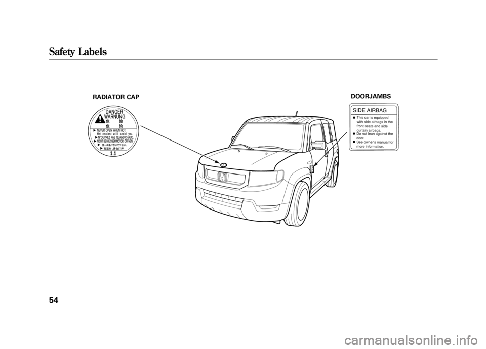 HONDA ELEMENT 2011 1.G Workshop Manual RADIATOR CAPDOORJAMBS
Safety Labels5410/08/06 08:34:41 11 ELEMENT MMC North America Owners Man 50 31SCV680 enu 