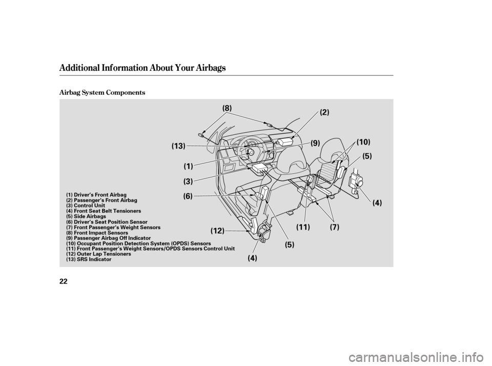 HONDA FIT 2007 1.G Owners Manual A irbag System Components
Additional Inf ormation About Your Airbags
22
(8)
(1) (2)
(3) (5)
(4)
(13)
(7)(5)
(4)
(6) (10)
(12) (9)
(11)
(6) Driver’s Seat Position Sensor
(7) Front Passenger’s Weigh HONDA FIT 2007 1.G Owners Manual A irbag System Components
Additional Inf ormation About Your Airbags
22
(8)
(1) (2)
(3) (5)
(4)
(13)
(7)(5)
(4)
(6) (10)
(12) (9)
(11)
(6) Driver’s Seat Position Sensor
(7) Front Passenger’s Weigh