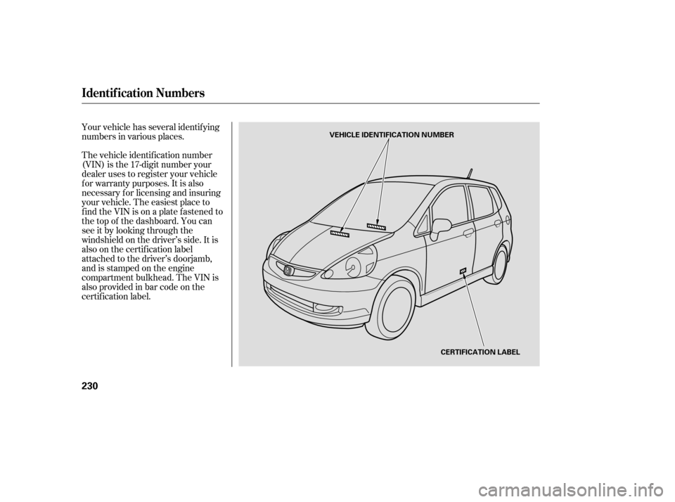 HONDA FIT 2007 1.G Owners Manual The vehicle identif ication number
(VIN) is the 17-digit number your
dealer uses to register your vehicle
f or warranty purposes. It is also
necessary f or licensing and insuring
your vehicle. The eas