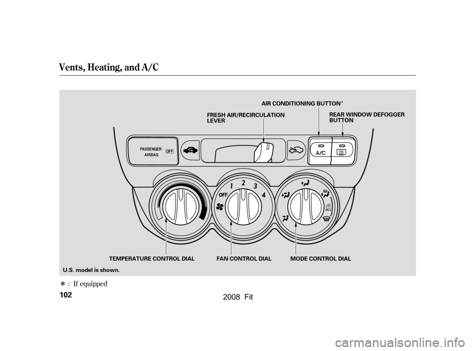 HONDA FIT 2008 1.G Owners Manual Î
Î: If equipped
Vents, Heating, and A/C
102
REAR WINDOW DEFOGGER 
BUTTON
TEMPERATURE CONTROL DIAL AIR CONDITIONING BUTTON
MODE CONTROL DIAL
FAN CONTROL DIAL
FRESH AIR/RECIRCULATION
LEVER
U.S. mod